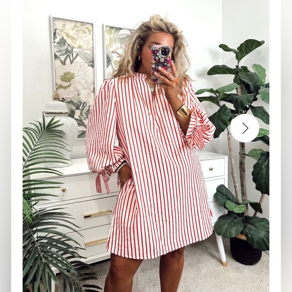 Entro White & Pink Stripe SearSucker Mini Dress, Exaggerated Balloon Sleeves - Picture 16 of 16